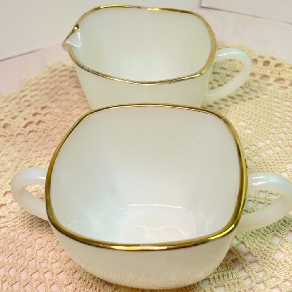 Vintage Fire King Charm White Milk Glass Creamer Sugar